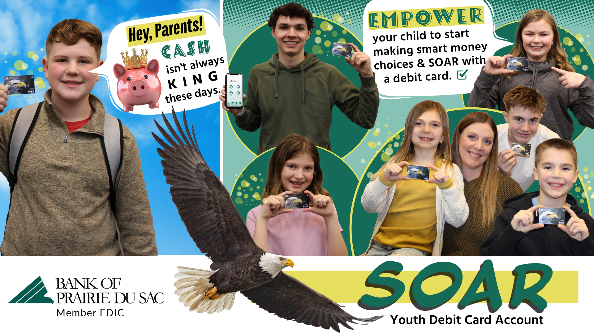 Youth smiling as they hold a Bank of Prairie du Sac SOAR Youth Debit Card.